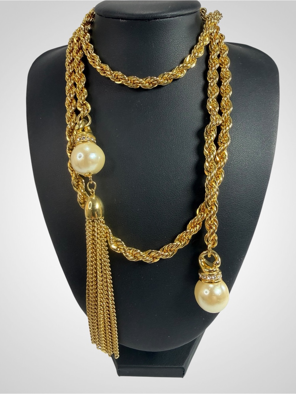 Chunky Boho Gold Tone Faux Pearl Tassel Necklace 36” Rhinestone Heavy Rope Chain